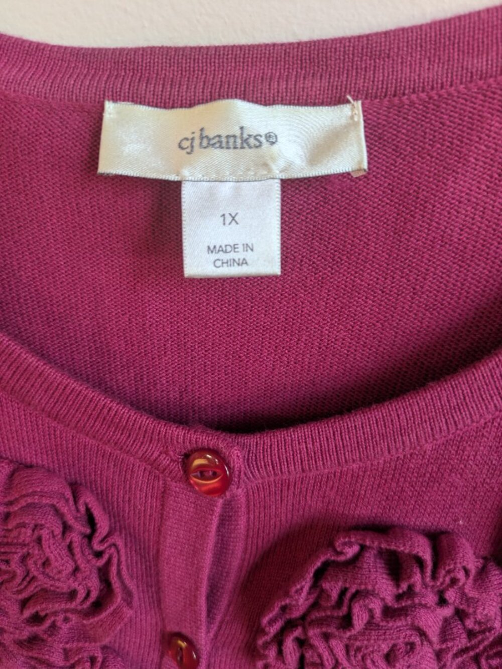 Christopher & banks women's 1X cotton button up cardigan burgundy ruffles #856 - Picture 5 of 7